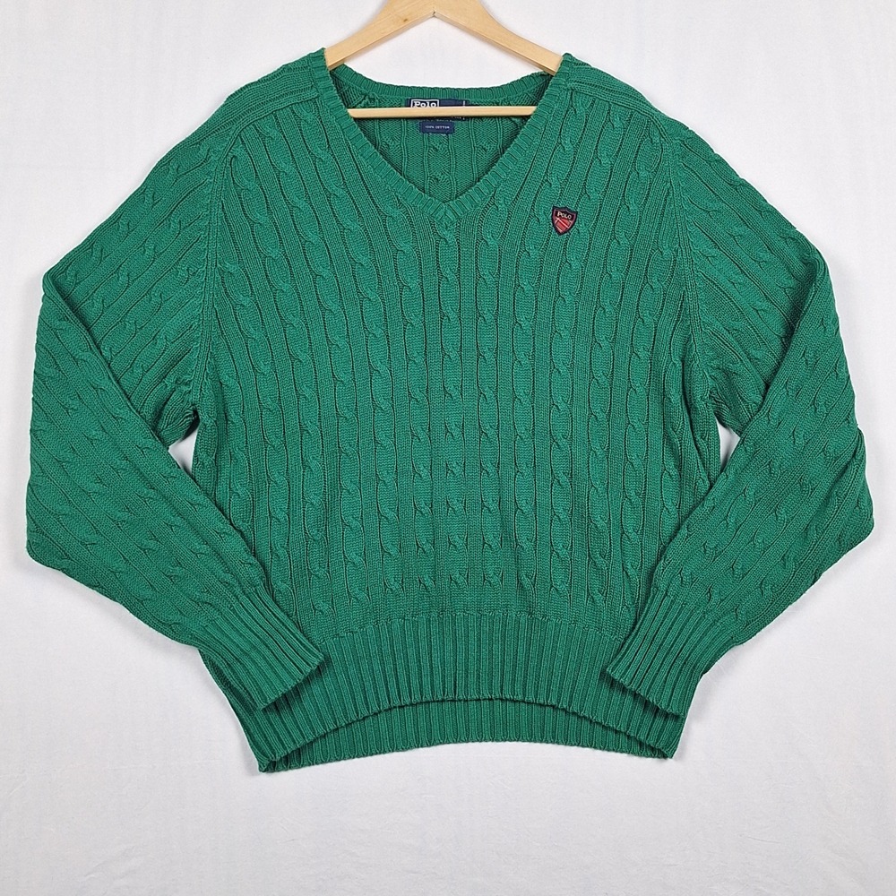 Polo Ralph Lauren Vintage 90s Cable Knit V-Neck Sweater Crest Green Cotton S